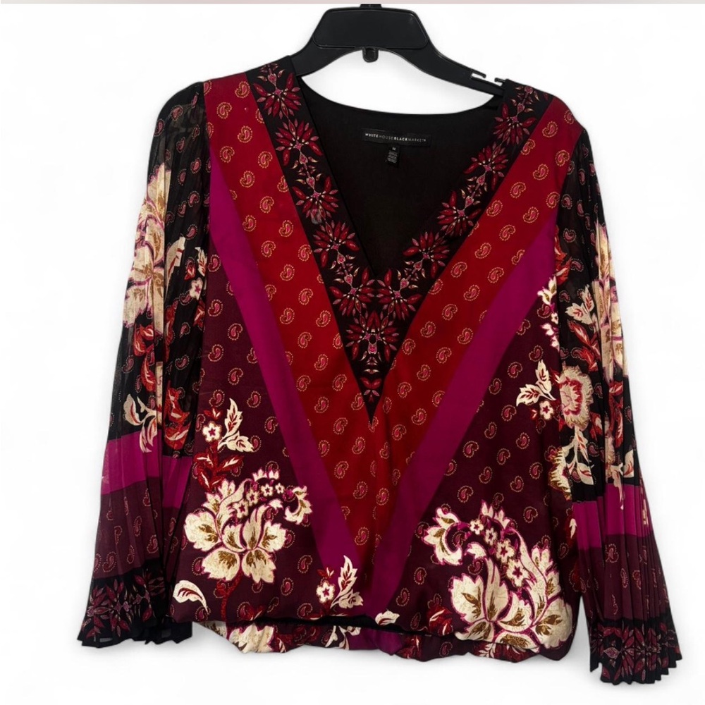 White House Black Market Red and Orange Asymmetrical Embellished Blouse - Picture 2 of 6
